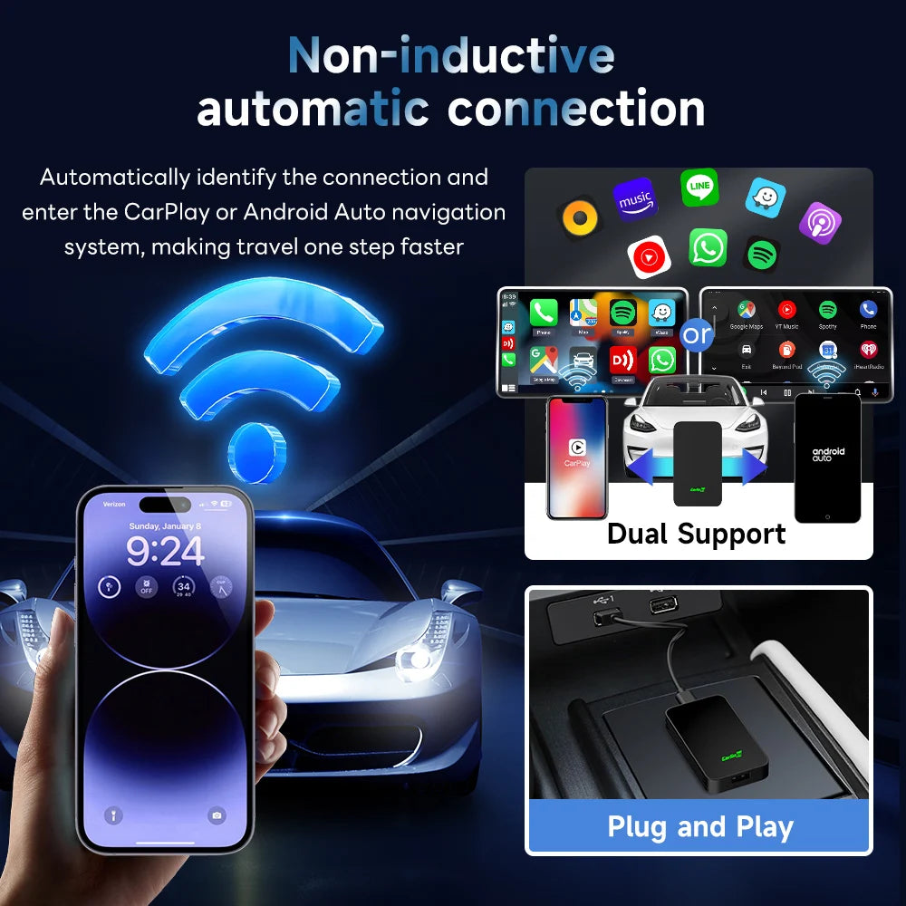 2Air  5.0 Wireless Carplay Wireless Android Auto Box 2.4G & 5.8Ghz Wifi BT Auto Connect Plug&Play for Wired AA CP Cars