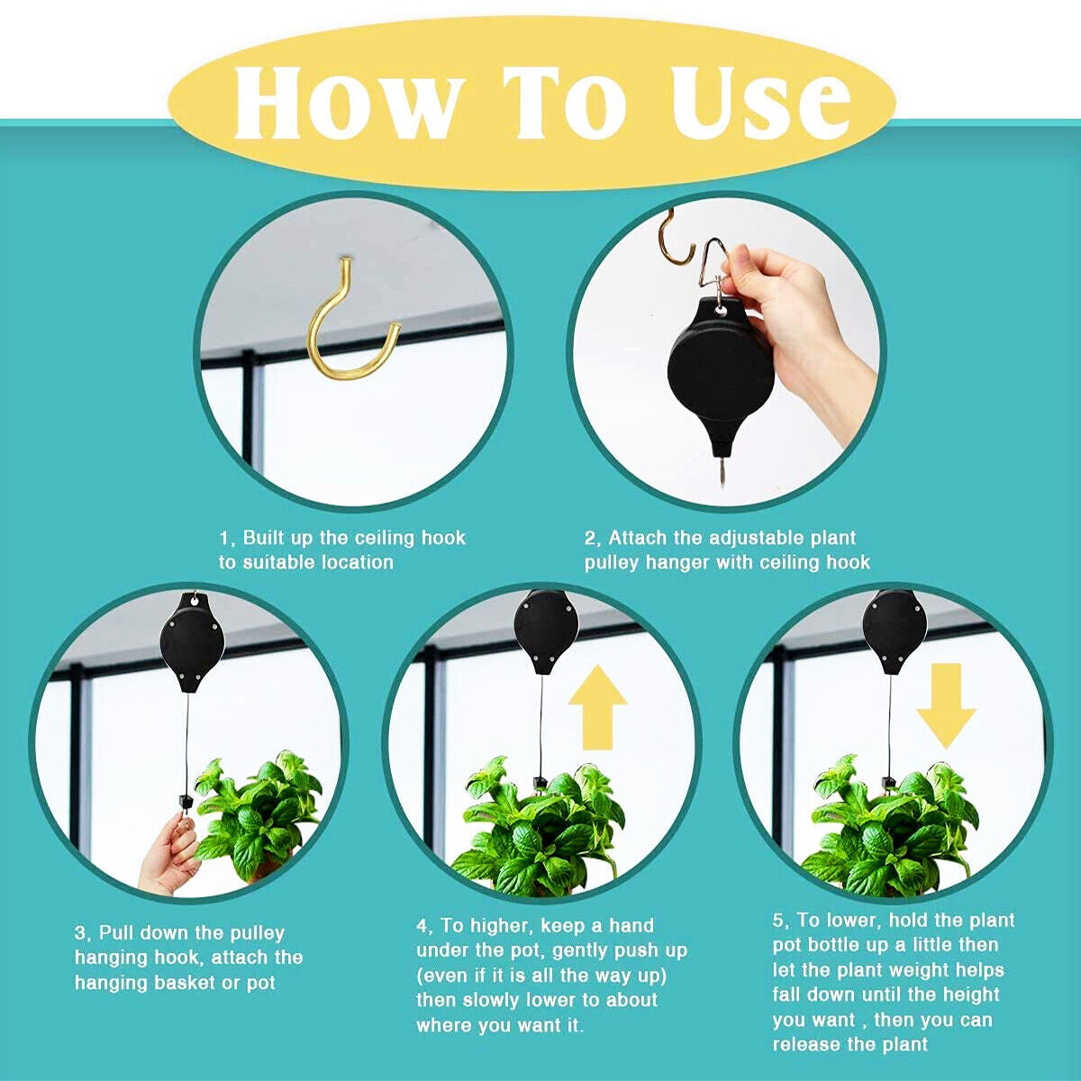 4PCS Retractable Pulley Hook Hanging Pull down Hanger for Garden Flower Plant US