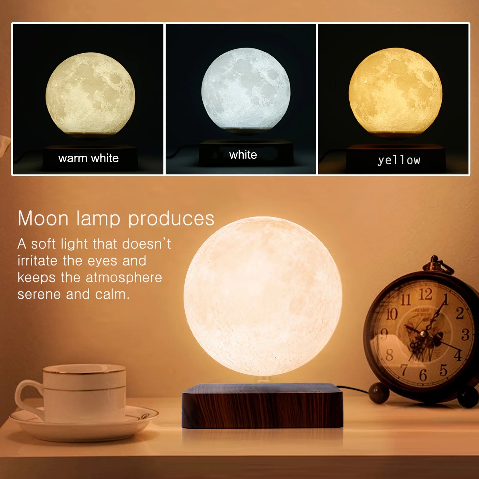 Levitating Moon Table Lamp, Magnetic Floating Night Light with 3 Lighting Modes, 3D Printed Levitation Bedside Table Lamp