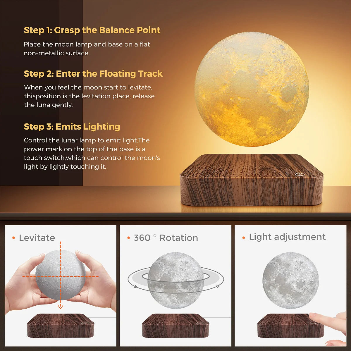 Levitating Moon Table Lamp, Magnetic Floating Night Light with 3 Lighting Modes, 3D Printed Levitation Bedside Table Lamp