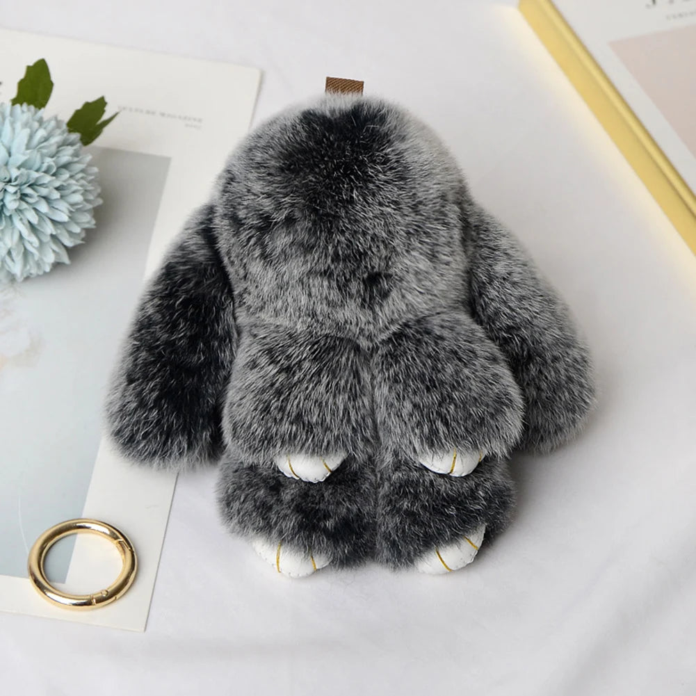 Fluffy Rabbit Fur Pompon Bunny Keychain for Women Girls Bag Car Key Chain Cute Rabbit Key Ring on Bag Car Trinket Pendant Gift, White elephant