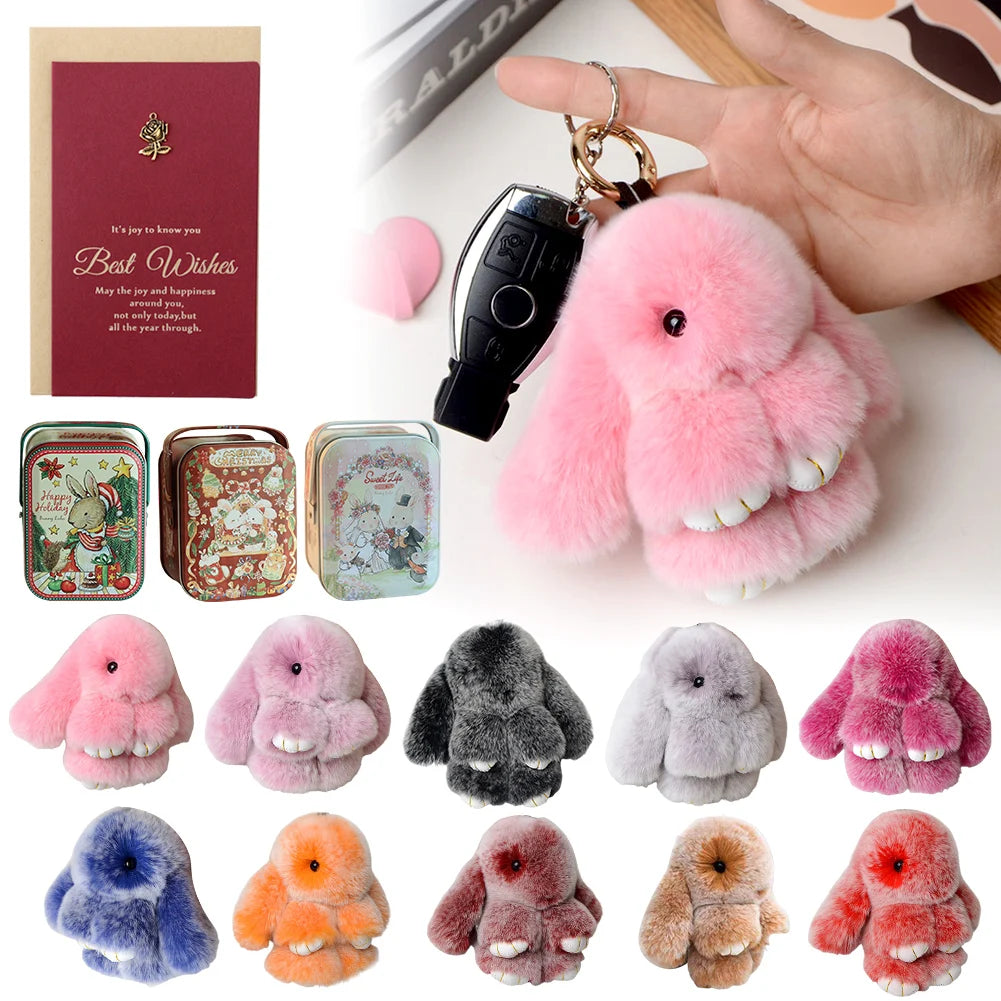 Fluffy Rabbit Fur Pompon Bunny Keychain for Women Girls Bag Car Key Chain Cute Rabbit Key Ring on Bag Car Trinket Pendant Gift, White elephant