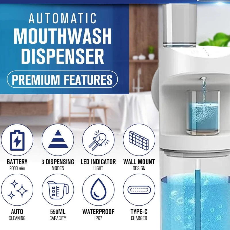 550Ml Automatic Mouthwash Dispenser Rechargeable Mounted Mouth Wash Dispensers 3 Dispensing Levels with Magnetic Cups Storage