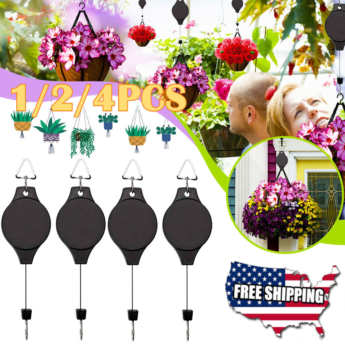 4PCS Retractable Pulley Hook Hanging Pull down Hanger for Garden Flower Plant US