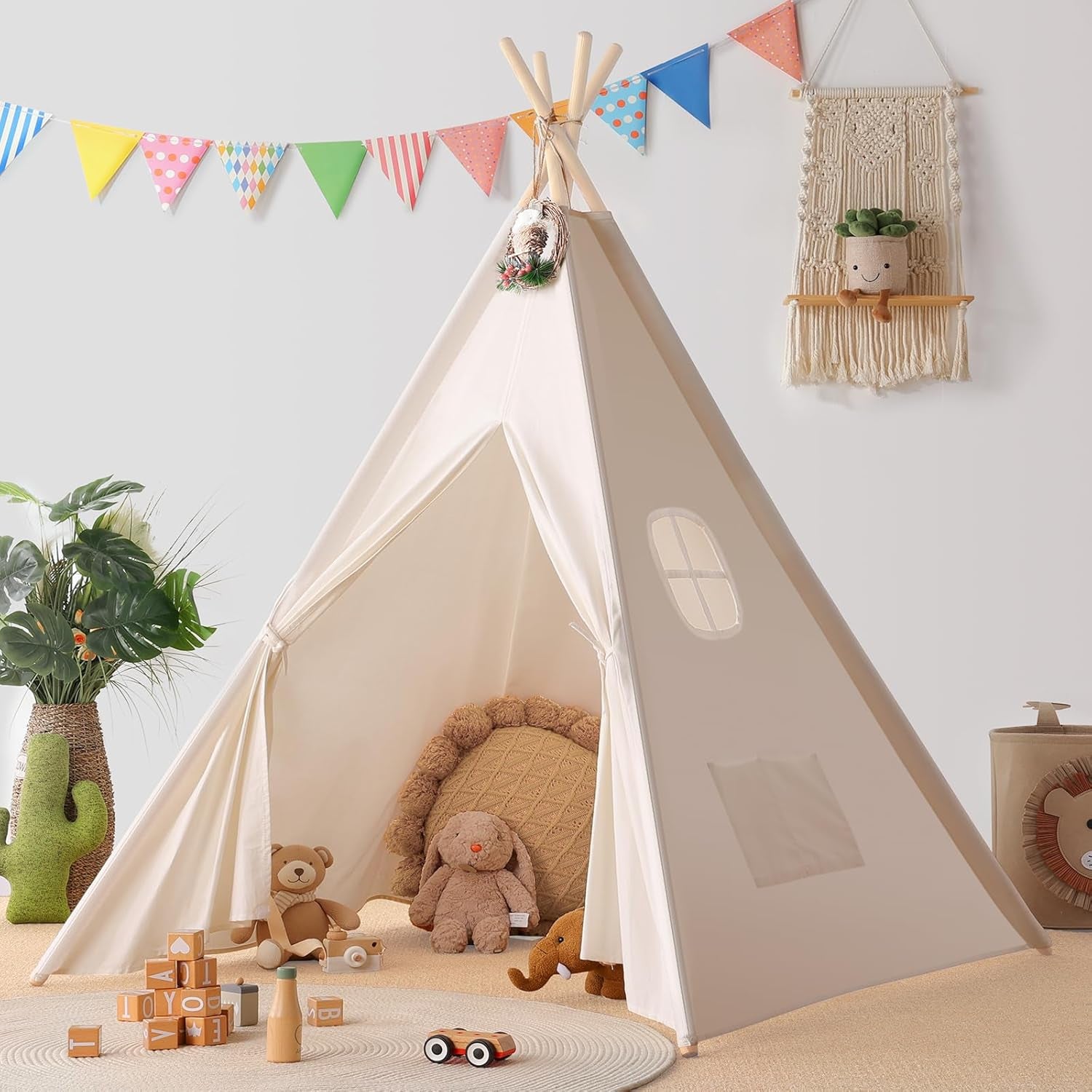 Teepee Tent for Kids with Carry Case, Natural Cotton Canvas Teepee Play Tent, Toys for Girls/Boys Indoor & Outdoor Playing