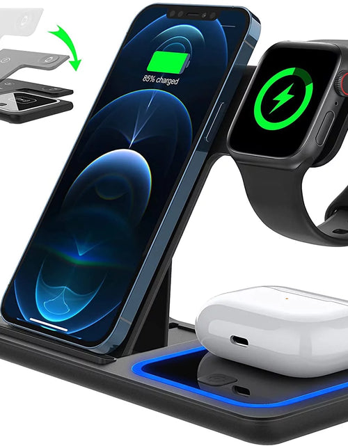 Load image into Gallery viewer, 3 in 1 Wireless Charger, 18W Fast Charger Pad Stand Charging Station Dock for Iwatch Series SE 8/7/6/5/4/3 Airpods Pro/3/2 for Iphone 15/14/13/12 /11/Pro Max/12 Mini /XR (With QC3.0 Adapter)
